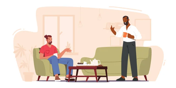 Couple of Friends Drinking Tea at Home. Men Sitting on Couch with Hot Beverages, Communicating. Characters Friendship — Διανυσματικό Αρχείο