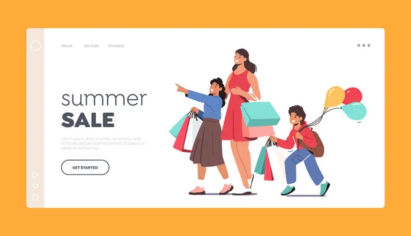 Summer Sale Landing Page Template. Family Shopping, Woman and Children Visit Store for Buying. Kids and Mother — Stock vektor