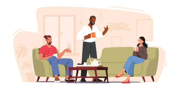 Friends Characters Meeting at Home. Company of Young People Drinking Tea, Eating Cookies, Having Conversation, Chatting — Stockvektor
