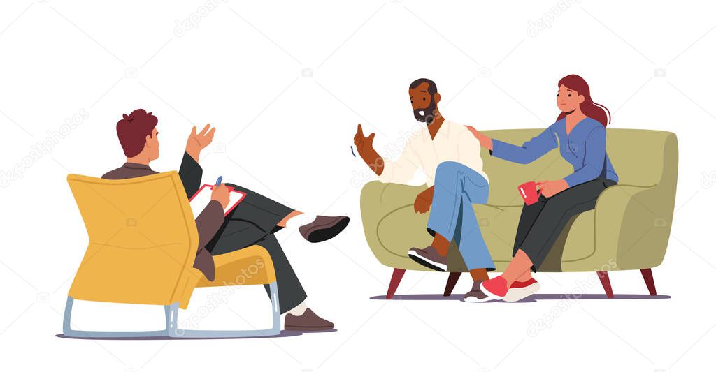 Group Therapy, Psychotherapeutic Meeting, Psychological Aid. Male and Female Characters Sit on Sofa Talking to Doctor