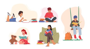 Set Kids Reading Books, School Education, Knowledge. Boys and Girls Characters Studying, College or Preschool Learning