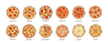 Pizza Icons, Mantar, Deniz Ürünleri, Pepperoni ve Margarita, Meksika ve Dört Mevsim. Cappriciosa, Cheese ve Hawaii