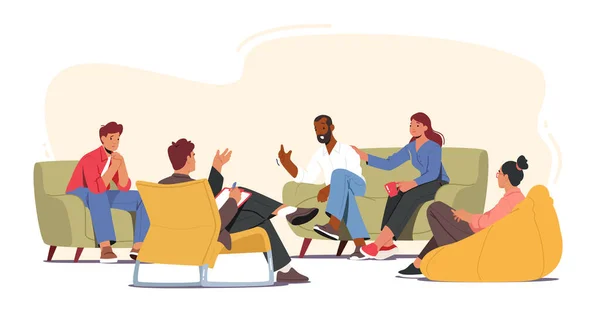 Thérapie de groupe Addiction Treatment Concept. Personnages Counseling avec Psychologue sur Psychothérapeute Session — Image vectorielle