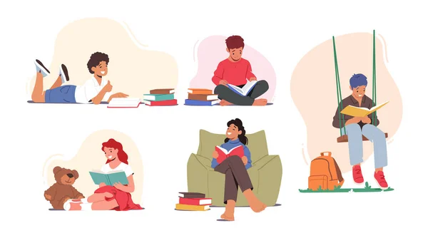 Set Kids Reading Books, School Education, Knowledge. Boys and Girls Characters Studying, College or Preschool Learning