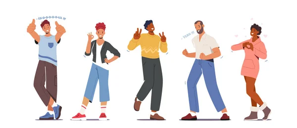 People Showing Positive Gesture. Happy Young Male and Female Characters Show Thumb Up, Ok Symbol, Victory, Yeah or Heart