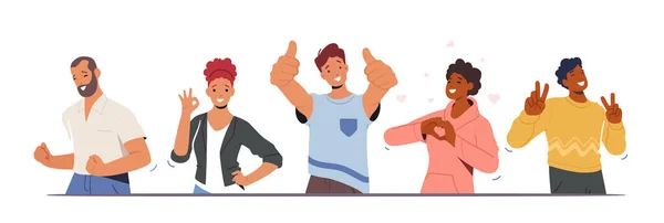 Happiness Emotions, Body Language. People Showing Positive Gestures. Happy Male and Female Characters Gesturing — Stockvector