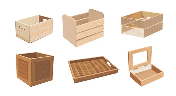 Set of Wooden Boxes, Wood Drawers and Crates for Freight Shipping. Cargo Distribution Packs. Parcels for Goods Packaging - Stok Vektor