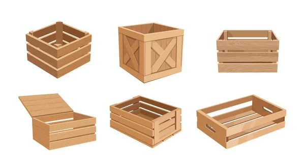 Set of Wooden Boxes, Cargo Distribution Packs. Parcels for Goods Packaging, Isolated Pallets, Empty Wood Containers — Stok Vektör