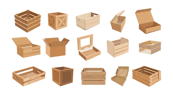 Set of Wood and Carton Boxes, Parcels for Goods Packaging Isolated Pallets and Empty Containers. Wood Drawers and Crates — ストックベクタ