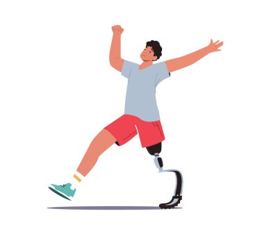 Disabled Athlete Character Run Training, Sportsman with Bionic Leg Prosthesis Jogging, Post-Accident Recovery, Rehab