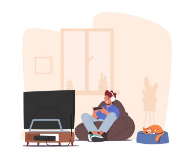 Little Boy Playing Video Games. Happy Child Character in Headset Sitting front of Tv Set with Joystick in Hands, Gaming