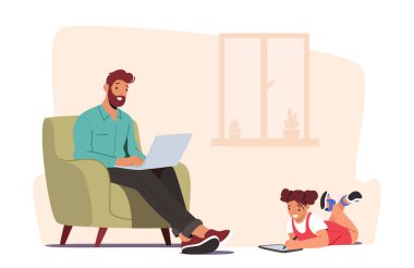 Girl and Father Chatting Online Using Electronic Devices. Dad Ignore Daughter for Social Media Internet Surfing