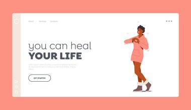 Happy Female Character Show Heart Symbol Landing Page Template. Woman Show Positive Gesture, Cheerful Excited Girl