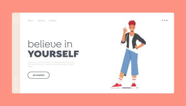 Woman Show Positive Gesture Landing Page Template. Happy Female Character Show Ok Symbol, Satisfied Cheerful Emotion