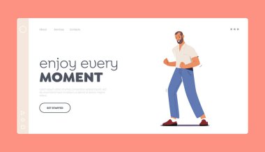 Happy Male Character Show Yeah Positive Gesture Landing Page Template.Satisfied Man Excited Emotion, Approval Gesturing