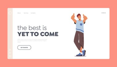 Man Show Positive Gesture Landing Page Template. Happy Male Character Show Thumbs Up, Satisfied Student Gesturing