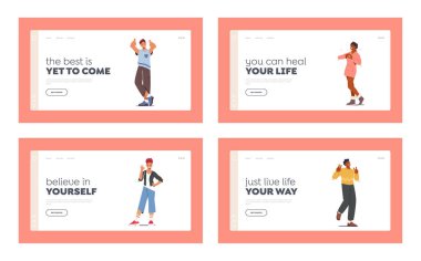 People Showing Positive Gestures Landing Page Template Set. Happy Characters Show Thumb Up, Ok, Victory, Yeah and Heart