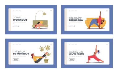 Characters Sport Activity Landing Page Template Set. People Doing Sports Training, Stretching Exercise, Fitness Workout