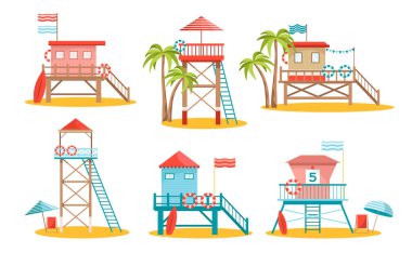 Set of Lifeguard Station Towers Isolated on White Background. Rescue Beach Watchtower Buildings with Ladder and Lifebuoy