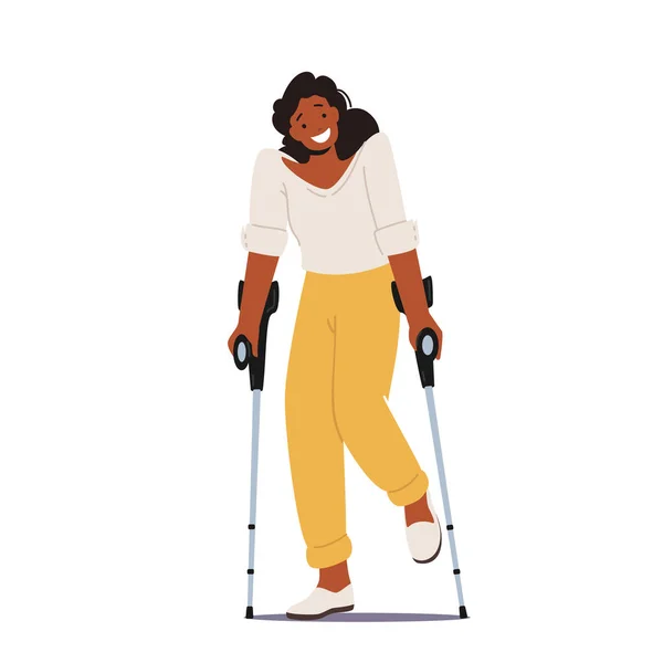 Disabled Woman Character Stand on Crutches. Patient Rehabilitation after Accident, Handicapped Person with Diseased Legs — Διανυσματικό Αρχείο