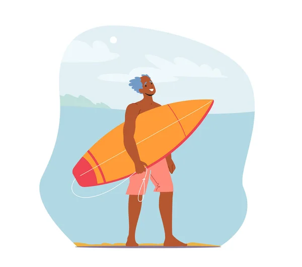 Senior Man Surfing Recreation, Character in Shorts on Ocean Beach with Surf Board in Hands. Sportsman Summer Sparetime — Vector de stock