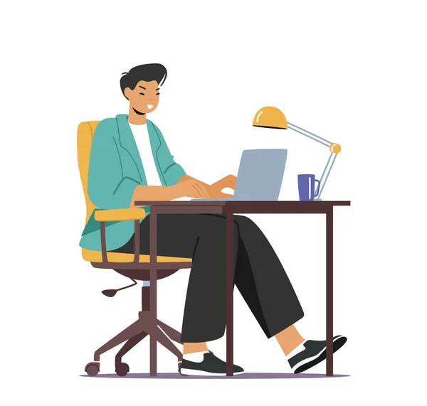 Young Asian Man Student Work on Laptop Sitting at Desk in Dormitory Room Typing Homework, Watch Lecture or Webinar — Stock Vector