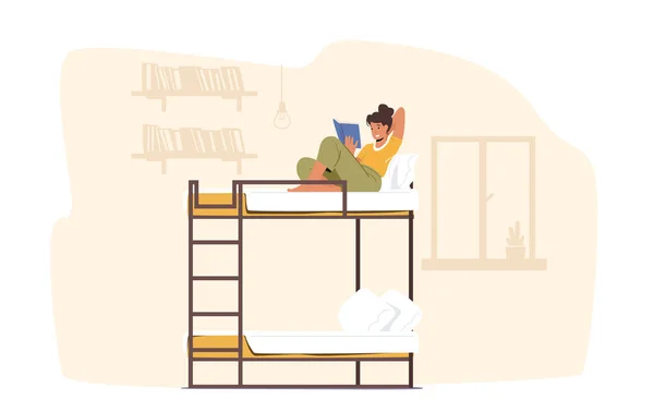 Female Character Sitting with Book on Bunk Bed in Dormitory Room. College or University Student Lifestyle, Studying — Image vectorielle