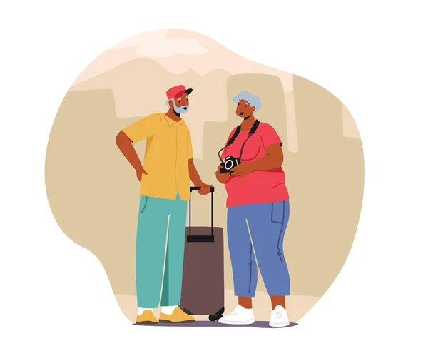 Senior Tourists in Trip, Elderly Traveling People with Photo Camera and Luggage in Foreign Country, Aged Couple — Stockvector