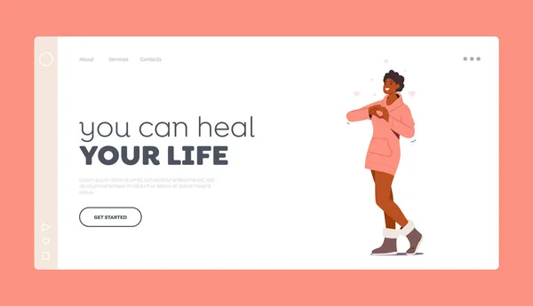 Happy Female Character Show Heart Symbol Landing Page Template. Woman Show Positive Gesture, Cheerful Excited Girl — Stock vektor