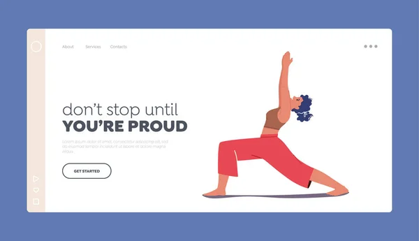 Girl Practicing Yoga Landing Page Template. Woman Character Doing Stretching Exercises. Fitness, Sport and Healthy Life — Stock vektor