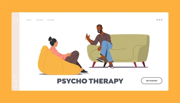 Psychotherapy Landing Page Template. Doctor Talking with Patient about Mind Health Problem. Psychologist Appointment — Stockvektor