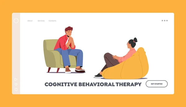 Cognitive Behavioral Therapy Landing Page Template. Depressed Man at Psychologist Appointment for Professional Help — Stock vektor