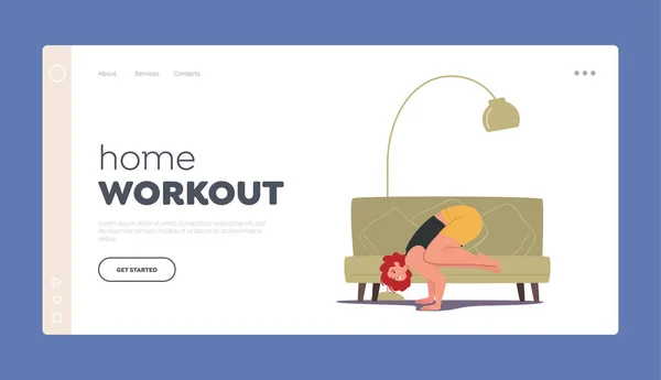 Home Workout Landing Page Template. Athlete Girl Stand on Hands in Yoga Asana. Relaxed Young Woman Enjoying Training — Διανυσματικό Αρχείο