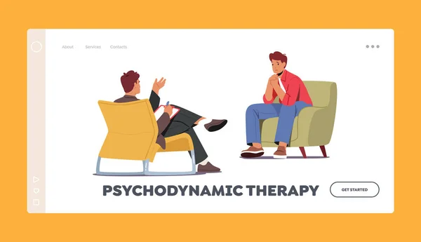 Psychodynamic Therapy Landing Page Template. Psychiatrist Session in Mental Clinic. Patient Character with Depression — Stock vektor