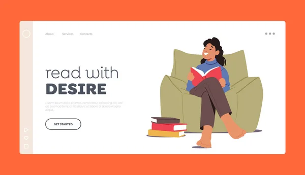 Schoolgirl Learning, Read Story Landing Page Template. Girl Reading Book Sitting on Armchair at Home or Library — 스톡 벡터