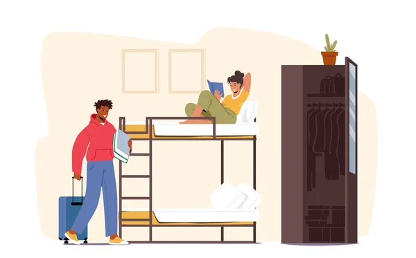 Dormitory Roommate Characters Live Together. Woman Read on Bunk Bed, Man Inn with Suitcase. College, University Students — Διανυσματικό Αρχείο