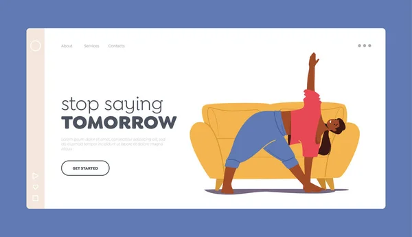 Woman Doing Exercises at Home Landing Page Template. Fitness, Healthy Lifestyle. Girl Practicing Gymnastics Workout — Διανυσματικό Αρχείο