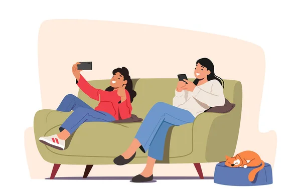 Family Characters with Digital Electronic Devices. Girl and Mother Chatting Online Use Smartphones. Mom Ignore Daughter — Wektor stockowy
