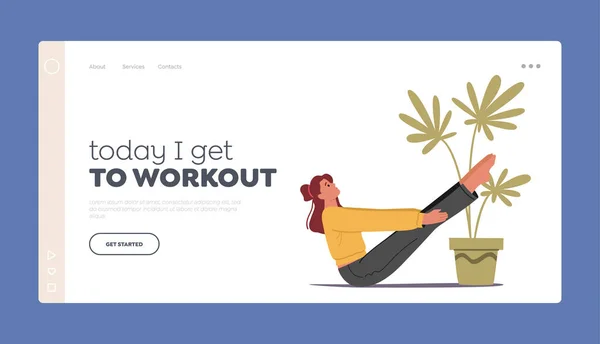 Workout Landing Page Template. Female Character Doing Fitness, Yoga or Aerobics Exercises at Home, Sports Training — Stockový vektor