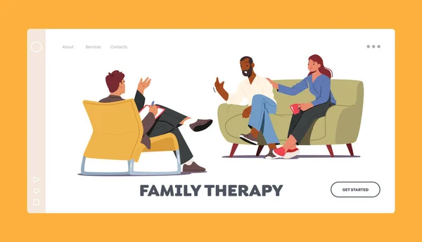 Family Therapy Landing Page Template. Psychotherapeutic Meeting, Psychological Aid. Characters on Sofa Talking to Doctor — Stockvector