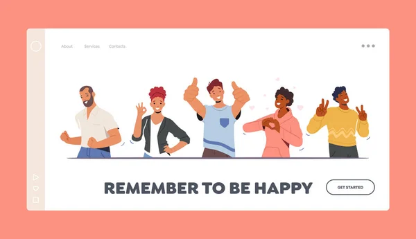 Happiness Emotions, Body Language Landing Page Template. People Showing Positive Gestures. Happy Characters Gesturing — Archivo Imágenes Vectoriales