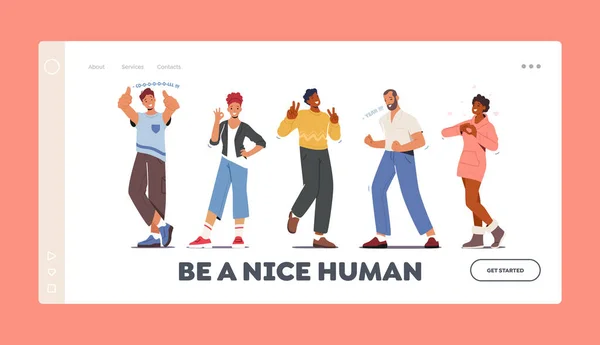 People Showing Positive Gestures Landing Page Template. Happy Characters Show Thumb Up, Ok, Victory, Yeah and Heart — Διανυσματικό Αρχείο