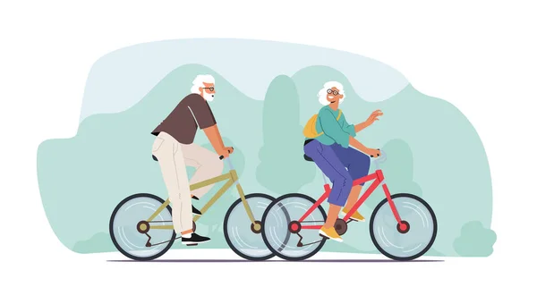 Couple of Cheerful Seniors Riding Bicycles, Man and Woman Pensioner Active Lifestyle, Aged People Extreme Activity — Wektor stockowy