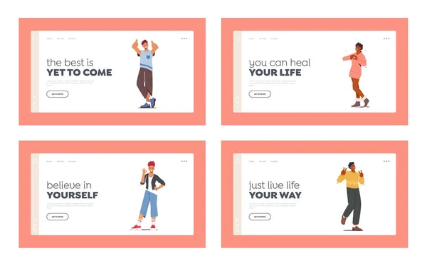 People Showing Positive Gestures Landing Page Template Set. Happy Characters Show Thumb Up, Ok, Victory, Yeah and Heart — Stock vektor
