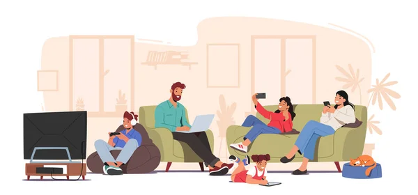 Family Characters Suffering of Social Media Internet Addiction Concept. Parents and Children Sitting Together at Home — Image vectorielle