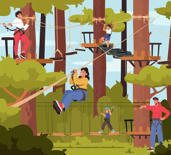 Family in Rope Park, Father, Mother and Children Characters Overcome Obstacles, Climb on Trees, Cross Suspended Bridge — стоковий вектор