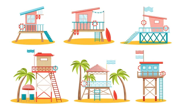 Set Lifeguard Station Towers, Rescue Beach Watchtowers Buildings on Piles with Lifebuoys, Flags and Unbrella with Chairs — Διανυσματικό Αρχείο