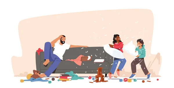 Father Shocked with Kids Bad Behaviour. Home Mess. Naughty Hyperactive Children Characters Fighting on Pillows, Chaos Royalty Free Stock Illustrations