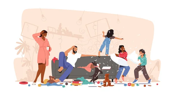 Father and Mother Shocked with Home Mess. Naughty Hyperactive Children Characters Fighting, Boy and Girls Making Chaos Royalty Free Stock Vectors