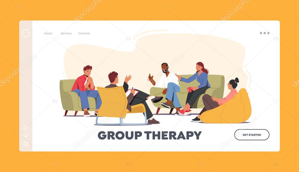 Group Therapy Landing Page Template. Characters Counseling with Psychologist on Psychotherapist Session. Doctor Patients